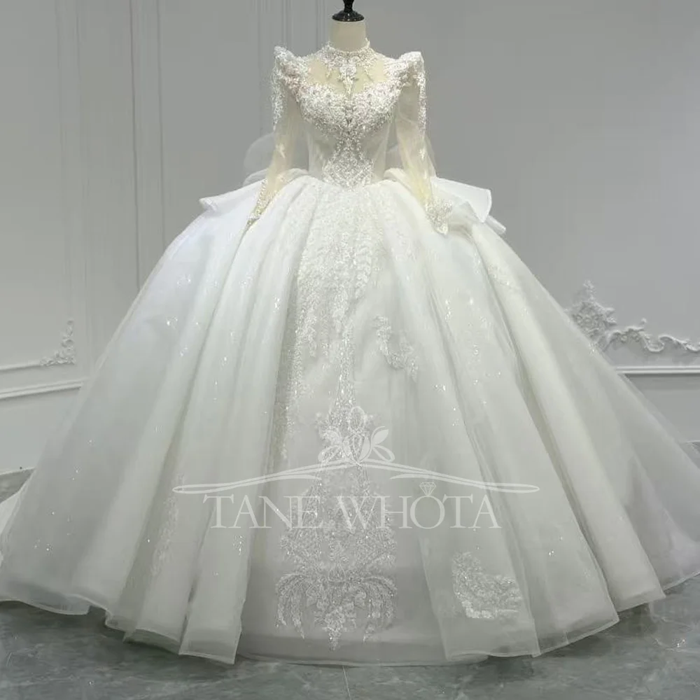 

Abiti Da Sposa 2025 Свадебное платье с высоким воротом и длинными рукавами, расшитое бисером, расшитое блестками, с вышивкой и бантом, на шнуровке сзади, настраиваемая посадка