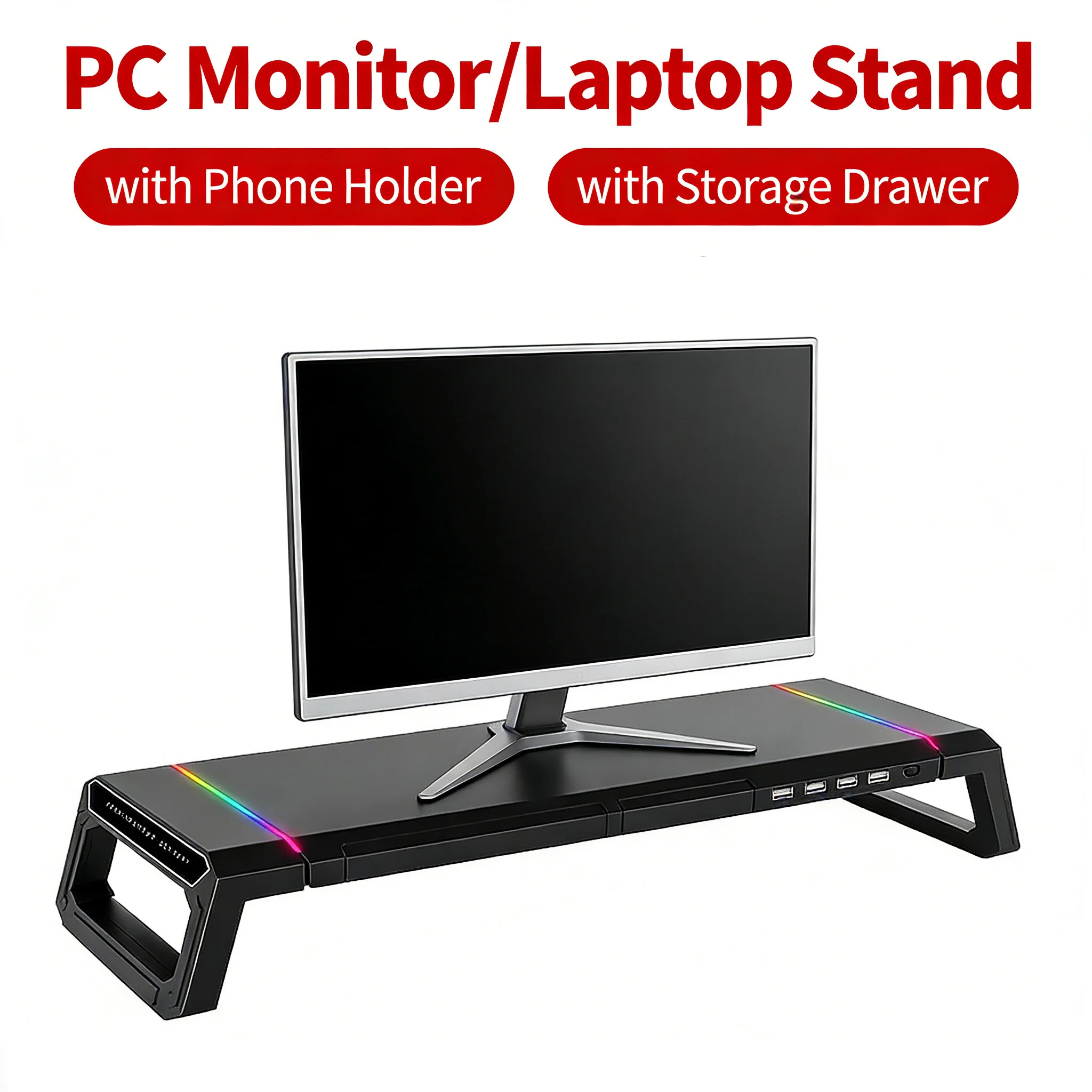 Support d'écran d'ordinateur RGB avec tiroir de rangement, support de téléphone, ports d'interface USB 2.0/3.0, étagère de rangement de bureau