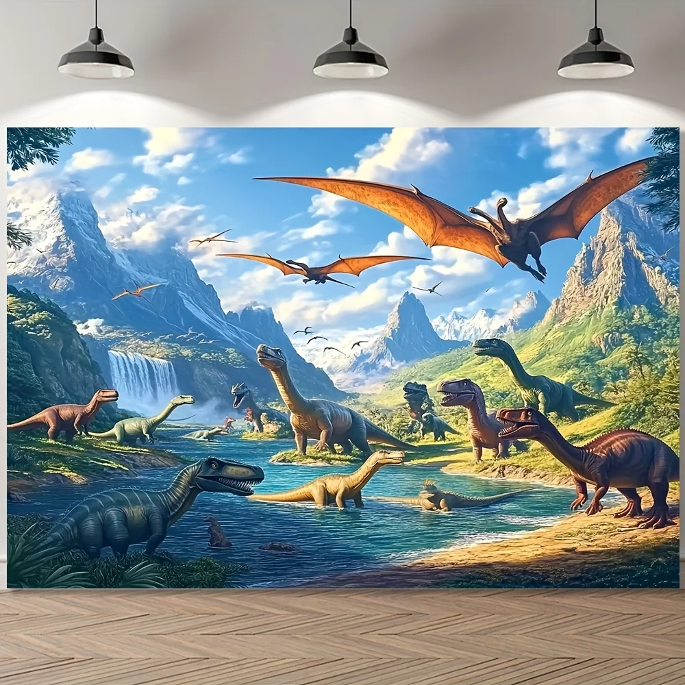 1pc Dinosaur World Tropical Safari tapestry Vivid Dinosaur Scene Dense Forest Snow Mountain and Tranquil Lake Wall Decor