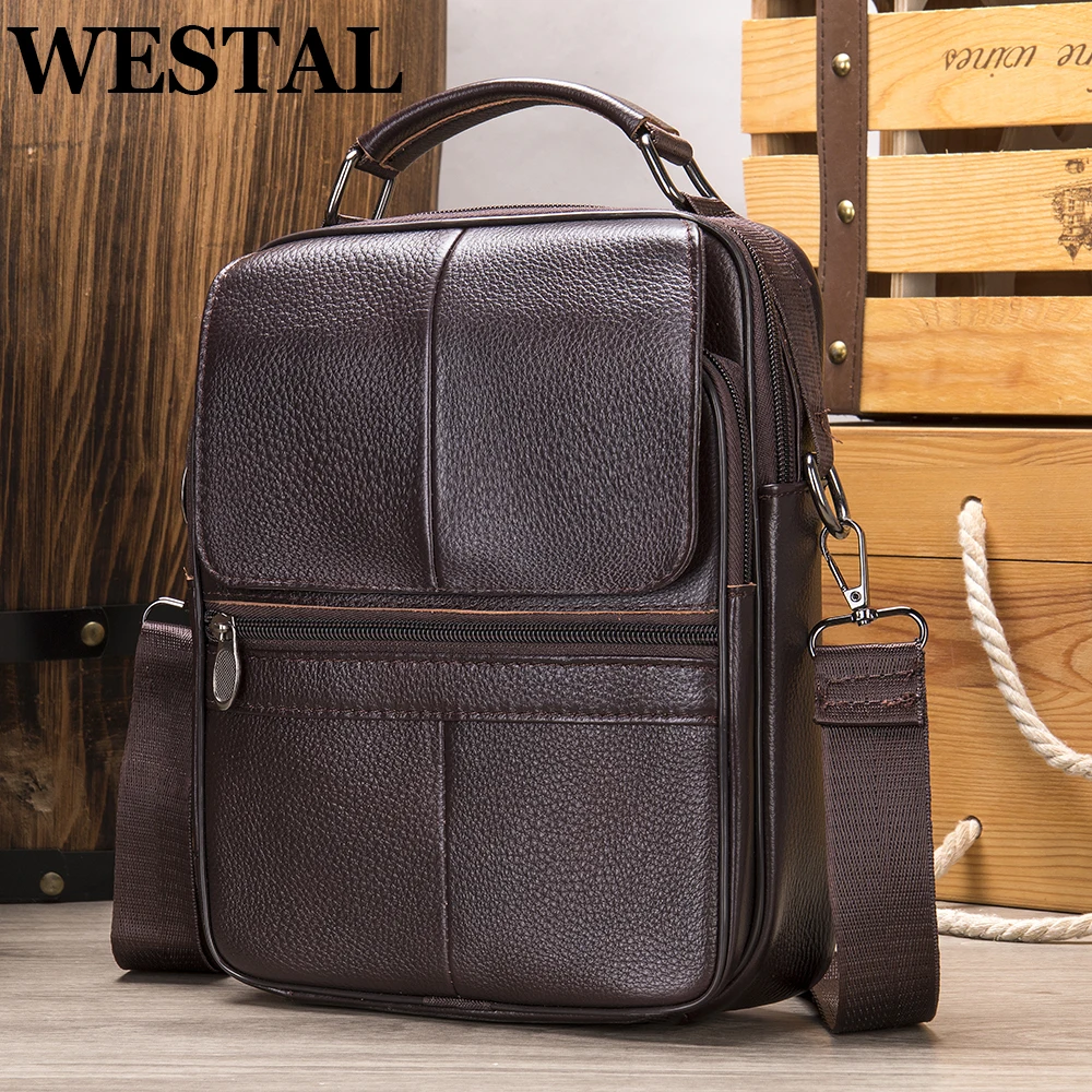 Westal-Bolso de hombro de cuero genuino para hombre, bandolera