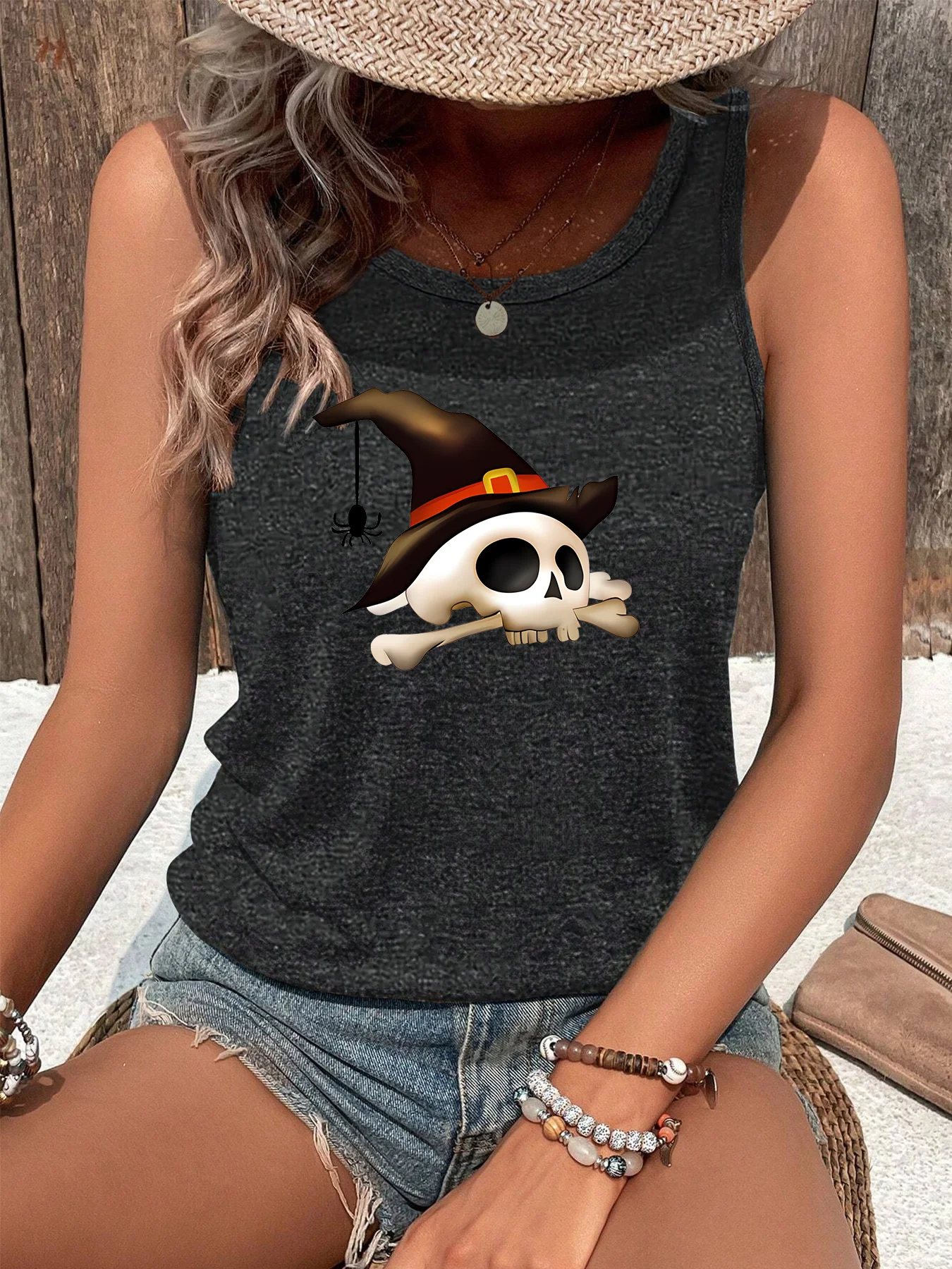 Skelaton Halloween Fashion Funny Sports Women's Tank Top Loose O Neck Sleeveless Casual Tank