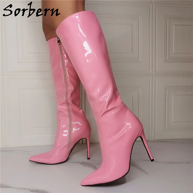 

Sorbern Baby Pink Knee High Boots Women Sissy Boy Fetish Unisex High Heel Stilettos Pointed Toe Custom Wide Fit Slim Legs Shoes