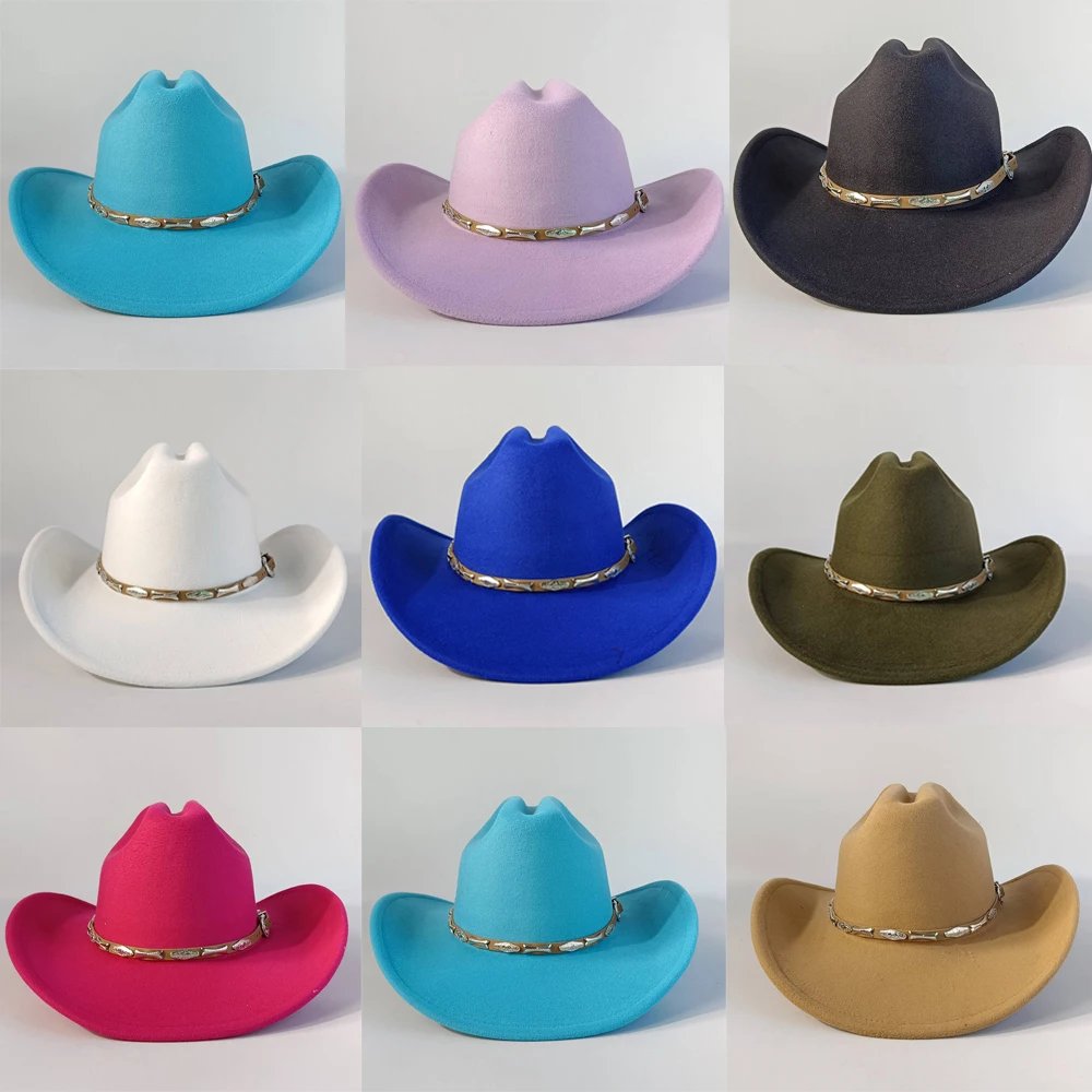

Stylish men's and women's felt hats, cowboy hats, soft felt hats with beige leather belts, Panama hats for outdoor parties.