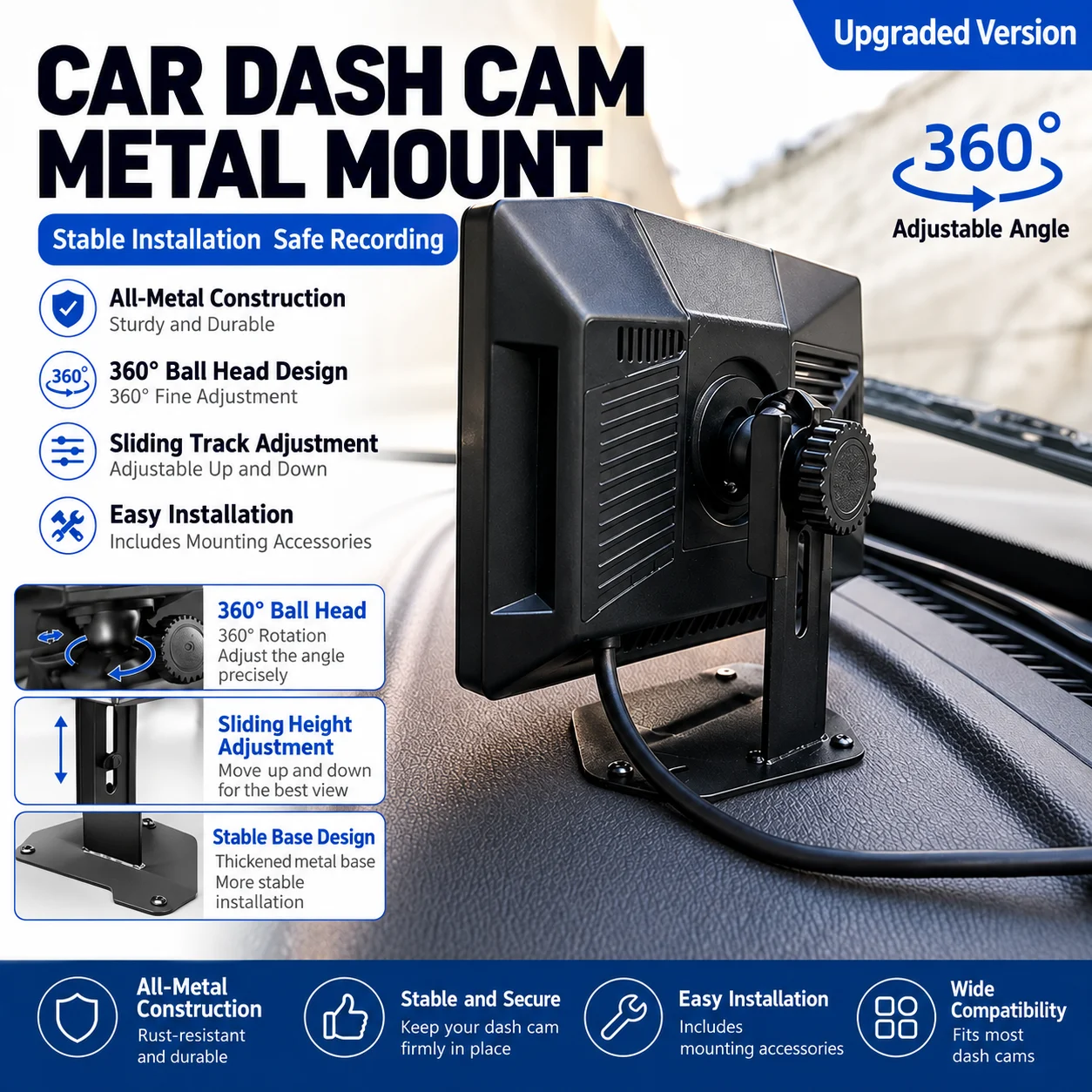 Truck four-way, two-way monitoring, four-hole all-steel metal thickened shockproof and anti-break bracket, height adjustable up,