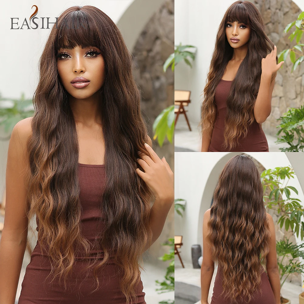 Easihair Lange Brown Blond Ombre Synthetische Pruiken Diepe Golf Cosplay Natuurlijke Haar Pruik Met Pony Voor Vrouwen Hittebestendige pruik