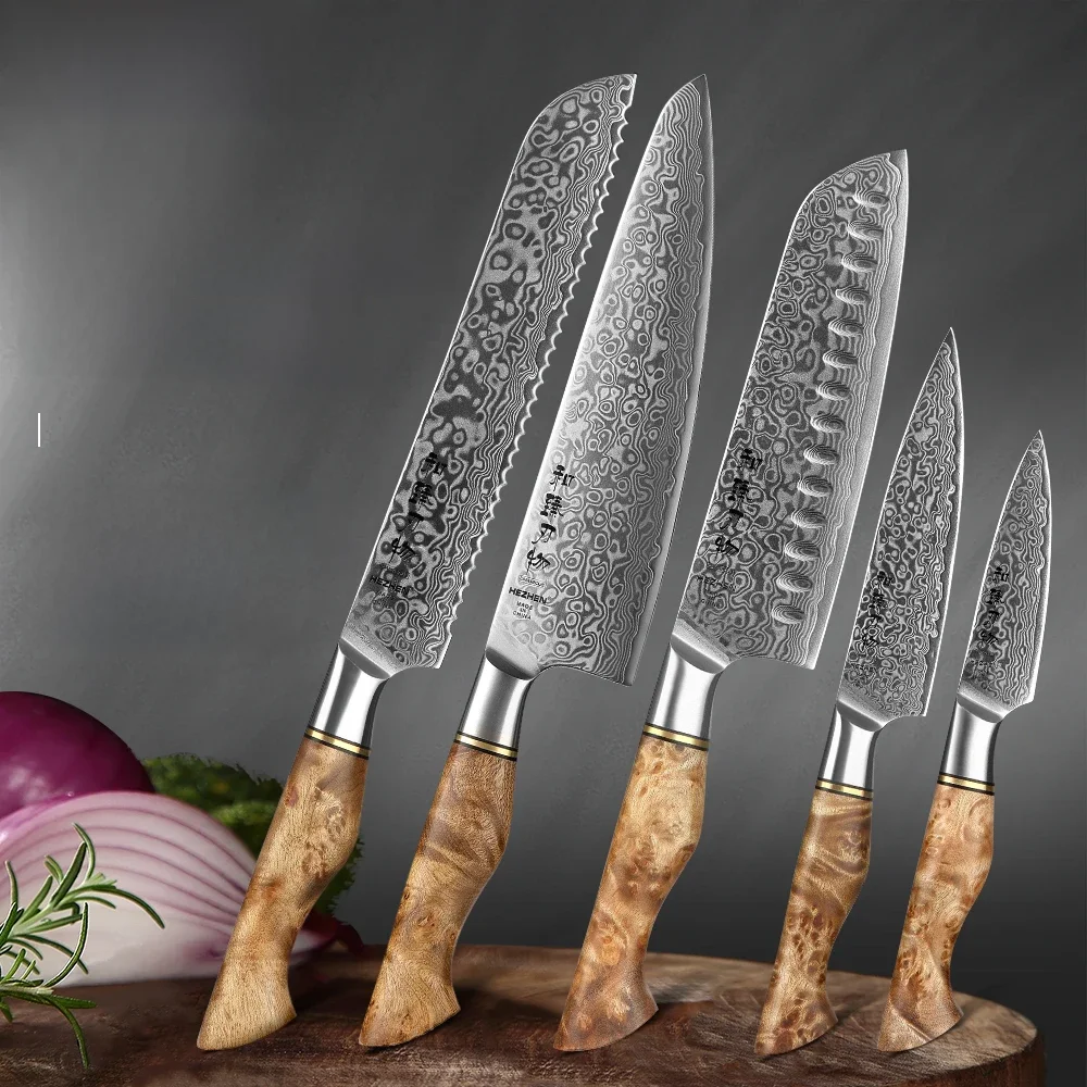 HEZHEN 1-5PC zestaw noży profesjonalny szef kuchni ze stali damasceńskiej Santoku chleb Utility Paring nóż kuchenny do mięsa ostry nóż kuchenny — zdjęcie 2