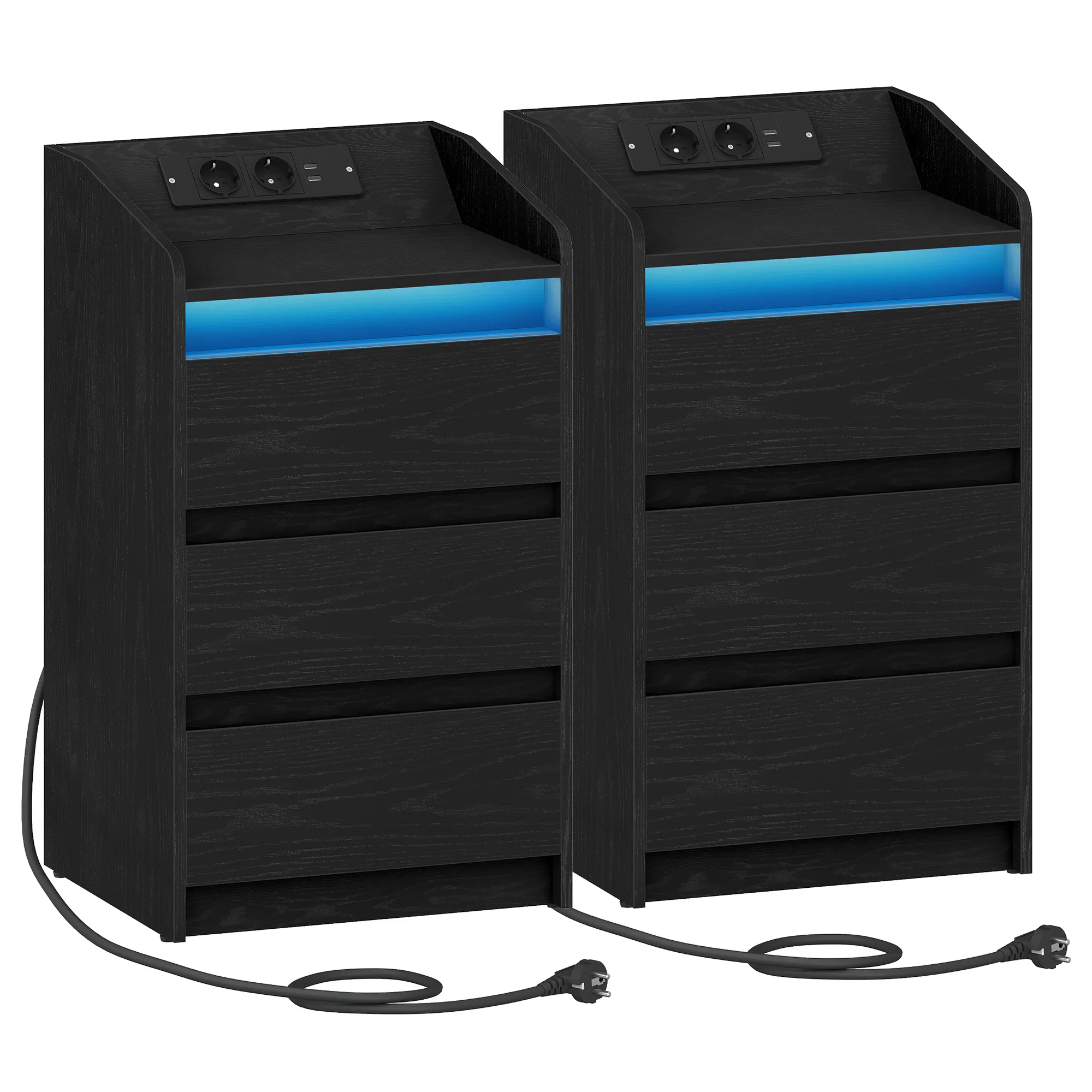Nachtkastjes set van 2 met 3 laden, bijzettafel met oplaadstation en LED, 2 AC- en 2 USB-poorten voor de slaapkamer, wit