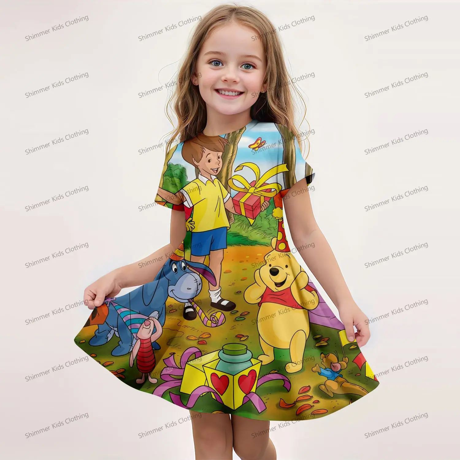 MINISO 2024 Summer 3-14 Years Children's Girls Lightweight-Breathable Imitation Cotton Winnie Bear Print Short Sleeves Dress