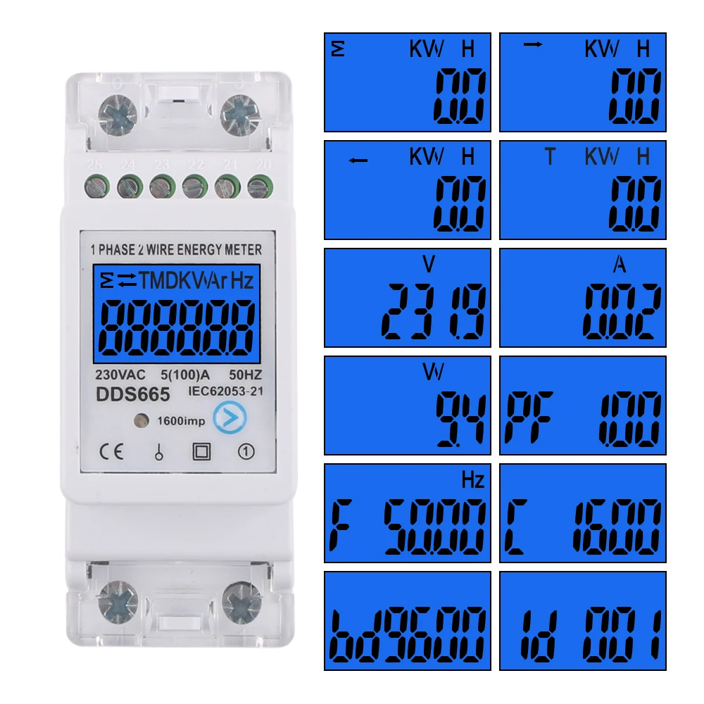 Miernik energii elektrycznej na szynę Din DDS665 z podświetleniem RS485 Wielofunkcyjny 220 V 50/60 Hz Z funkcją włączania i wyłączania dla zużycia energii