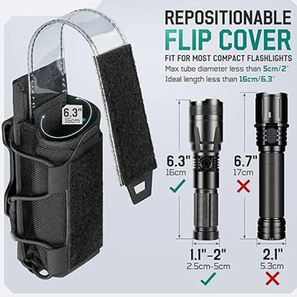Tactical Flashlight Pouch Holster, with 360 Degree Carabiner Reel Clip Belt Clip Torch Carry Case for Outdoor Hunting Gear