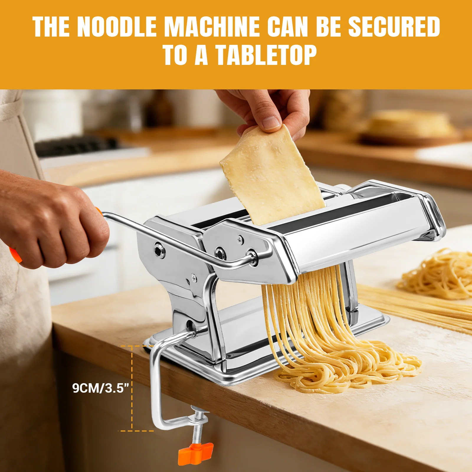 Manual pasta maker machine making spaghetti strands from fresh dough