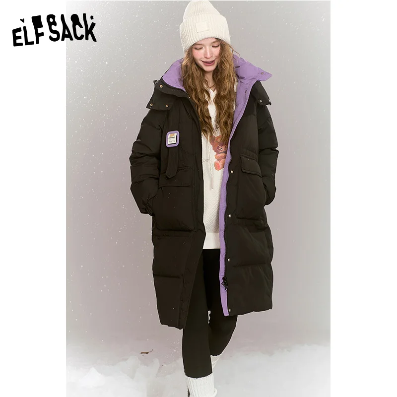 ELFSACK 2024 Winter New Arrivals Fashionable loose contrast color mid-length hooded warm down jacket for women