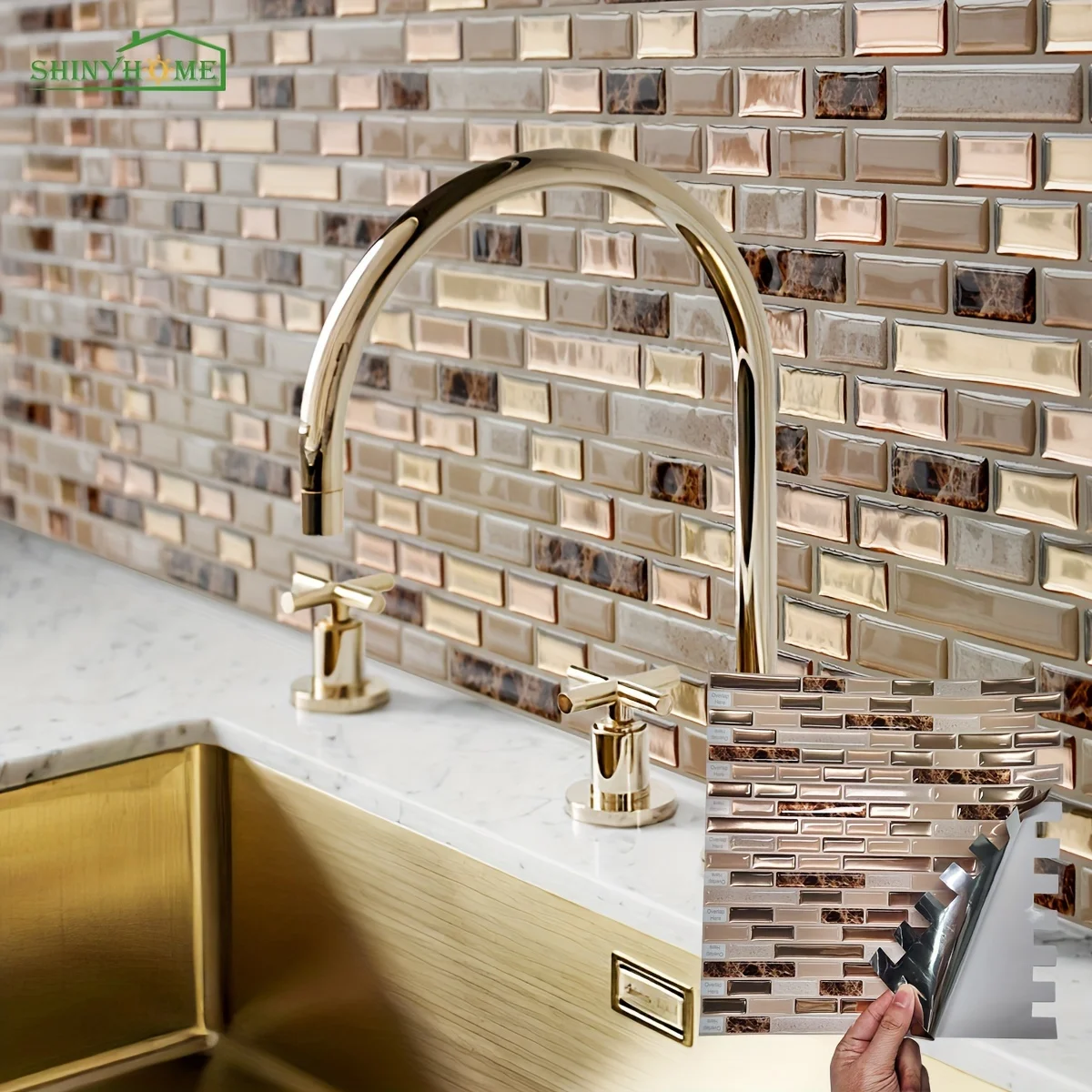 1/10/30 Sheets Gold Mosaic Self-Adhesive Wall Tiles Kitchen Backsplash Bathroom Home Wall DIY Decoration 11.8