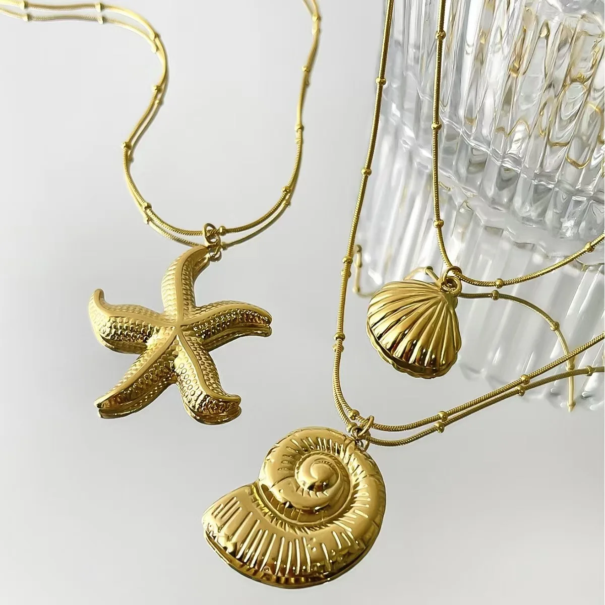 Minimalist Starfish Striped Conch Scallop Shaped Pendant Necklace for Women Waterproof Trend Jewelry Summer Beach Party image 3