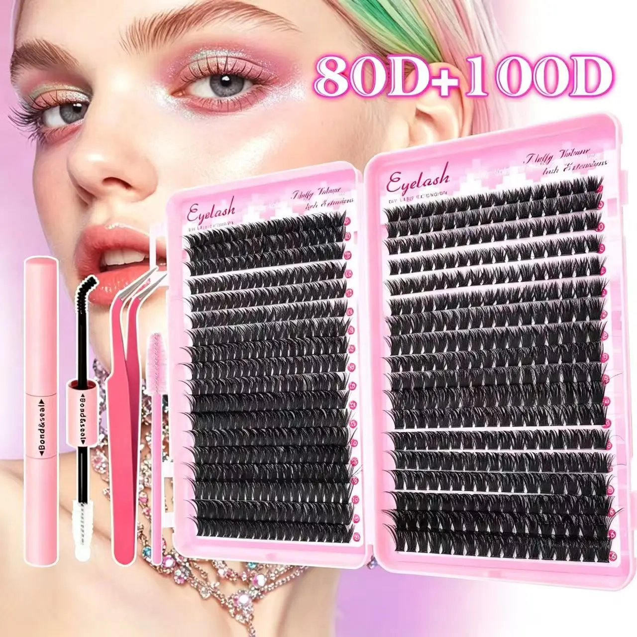 80D+100D Fluffy Cluster Lashes DIY Individual Eyelash Extensions Kit Wispy Volume D Curl Lash Clusters with Lash Bond Seal Tweezers Reusable Self‑Application False Eyelashes Soft Segmented Lashes for Daily Party Makeup Long Dramatic Eye Beauty Supplies