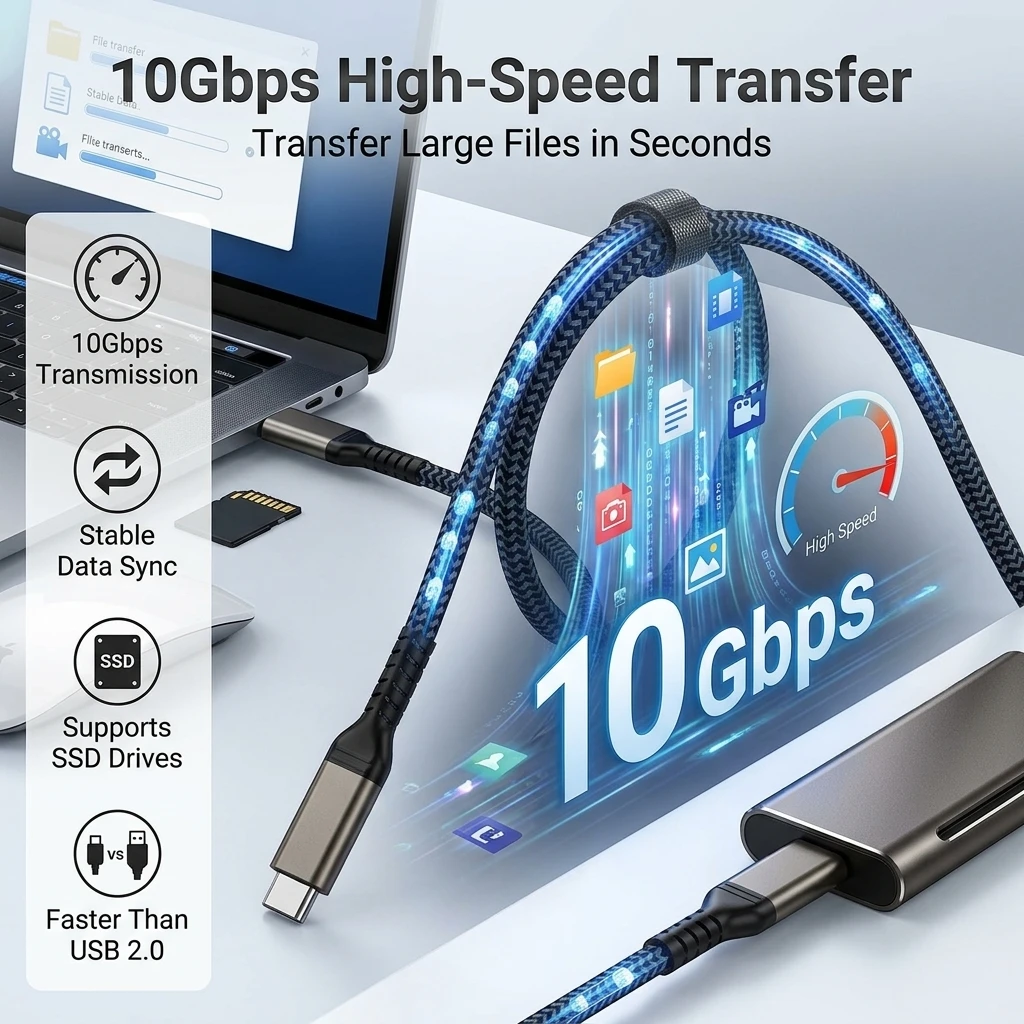 10Gbps USB C to USB C Cable PD 60W Fast Charging Data Cord 30CM 50CM 1M 2M 3M for iphone 17 16Laptop SSD Hard Drive MacBook iPad