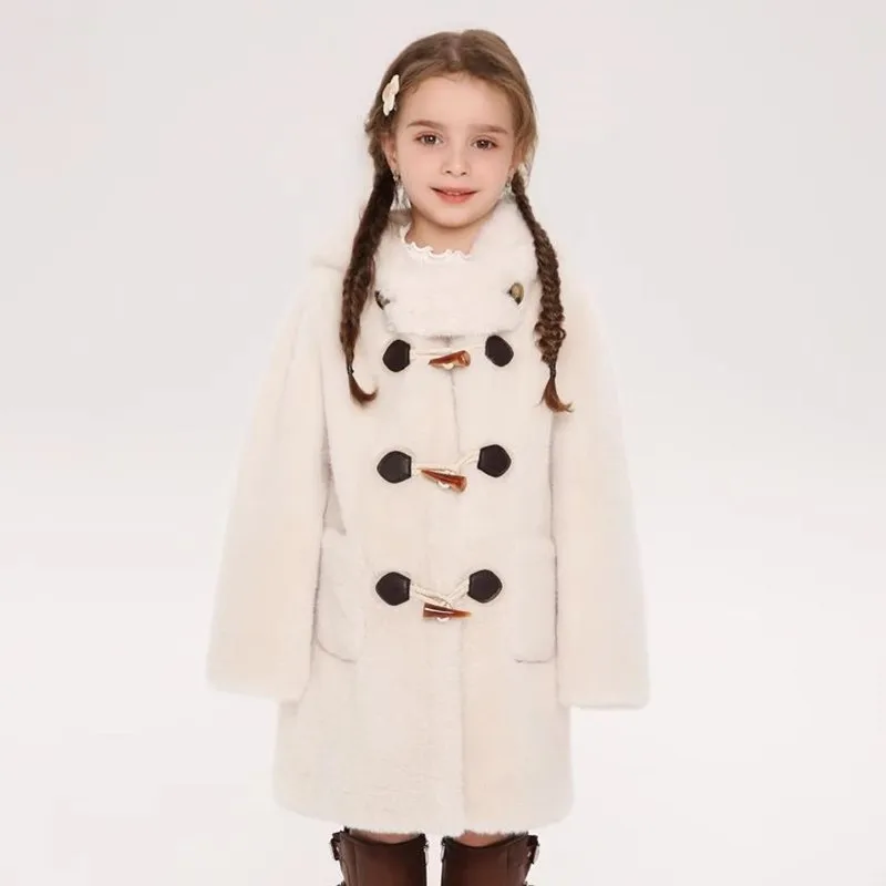 2024 Winter New Children's Faux Fur Jacket Imitation Mink Fur Coat Thicker Warm Hooded Overcoat A4279