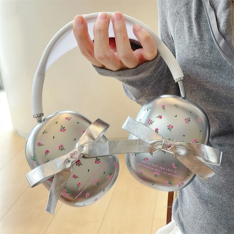 Korean Cute Flower Bowknot Headphone Cover For Apple Airpods Max Case Plating Silver Cute Cases For Airpodsmax Earphone Cases