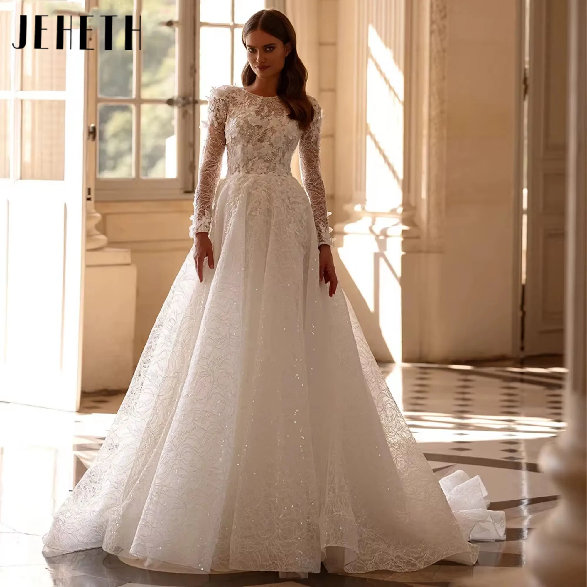 

JEHETH Sparkly Embroidery Beads Lace Wedding Dress Modest O-neck Long Sleeve Bridal Gown A-line Dresses For Bride Customized