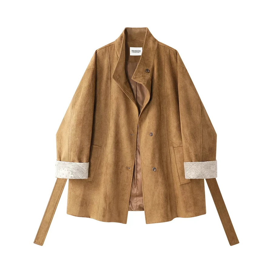 Womens Camel Suede Look Coat Mid Length Vintage Jacket with Lace Cuffs Buttons and Pockets