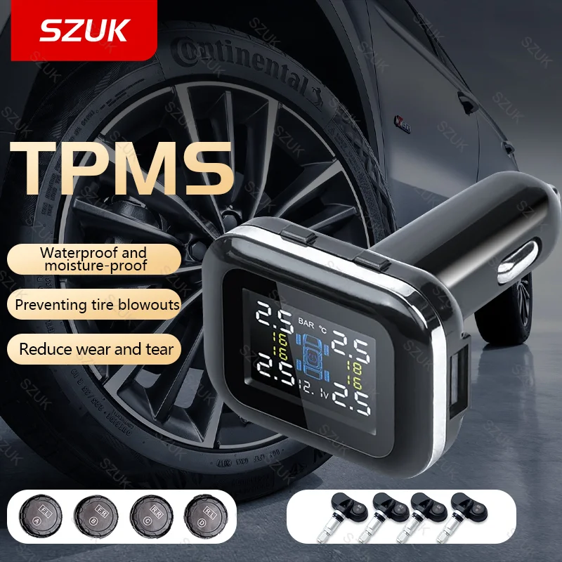 Car TPMS Tire Pressure Alarm Monitor System 4 Sensors Auto Tyre Pressure Cigarette Lighter Pneus Car Security Alarm System