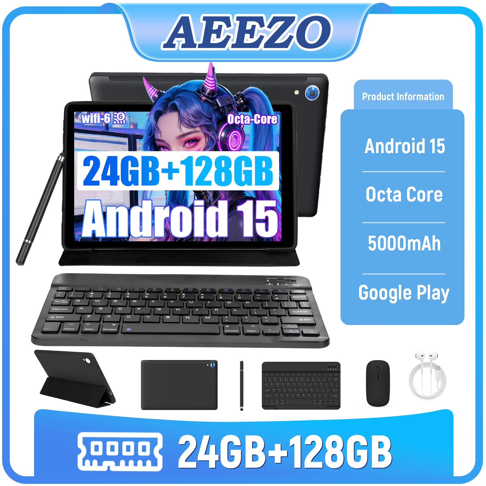 

AEEZO Android 15 10,1-дюймовый планшет, восьмиядерный процессор, 24 ГБ + 128 ГБ/1 ТБ, расширение WIFI6 + BT5.0 HD IPS-экран со стилусом, клавиатурой, мышью, наушниками