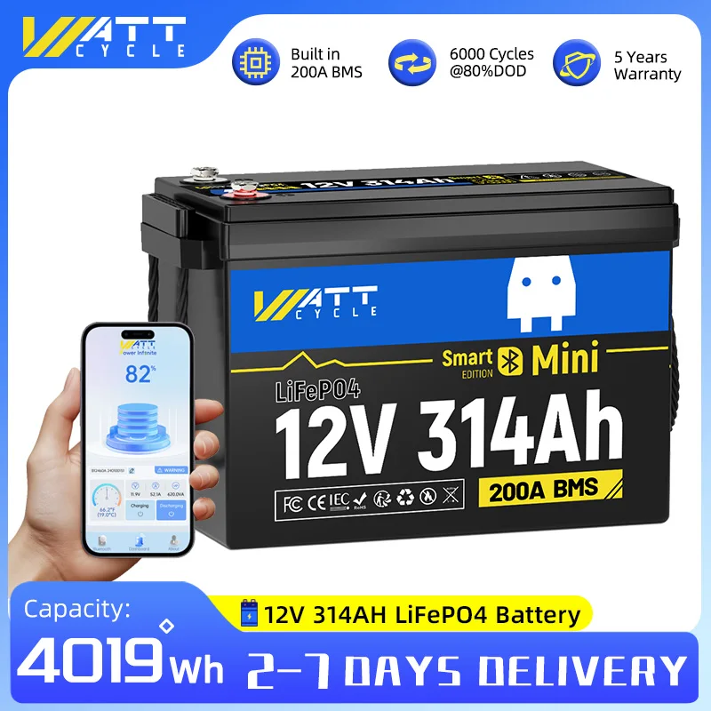 Batterie LiFePO4 Wattcycle 12V 314Ah, taille MINI, BMS 200A intégré, batterie lithium rechargeable, capacité 4019Wh, protection contre les basses températures, pour fourgonnettes, voiturettes de golf, bateaux, camping-cars, camping, stockage d'énergie solaire, garantie 5 ans, ECE R10
