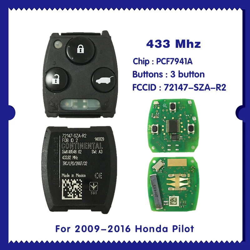 For 2009-2016 Honda Pilot 3 Botones,433Mhz PCF7941A 72147-SZA-R2 CN003114