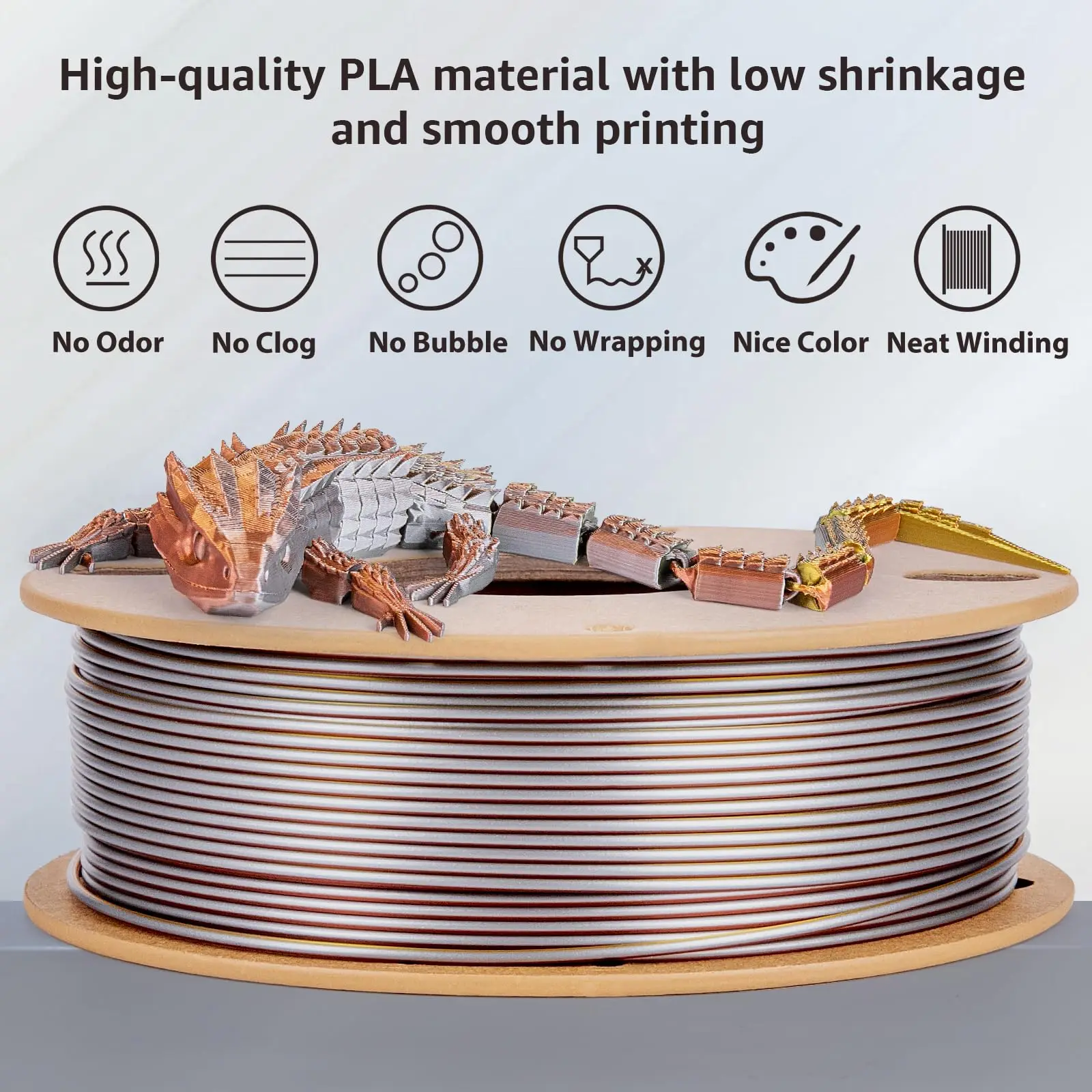 Filamento de impresora 3D PLA+ tricolor de seda, 1,75 mm, sin enredos, filamento bien enrollado, peso neto, carrete de 250 g, PLA Pro Plus, dorado y plateado