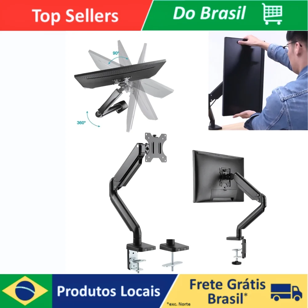 Suporte Braço Articulado De Mesa Para Monitor e TV, com Mola a Gás, Suporte Removível VESA Com Grampo e Base até 27 polegadas.