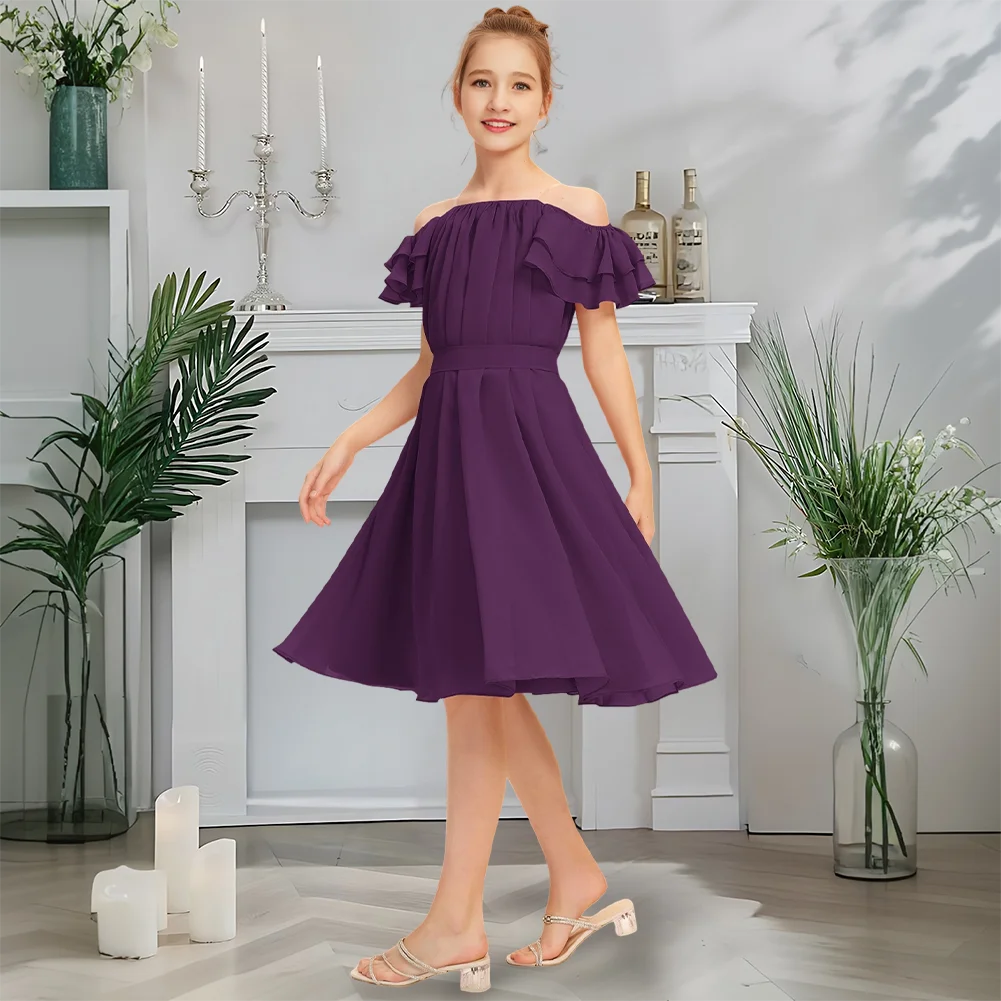 

Luxurious Off Shoulder Junior Bridesmaid Dress Antique Mauve Flower Girl Dress Knee-Length Chiffon With Cascading Ruffles