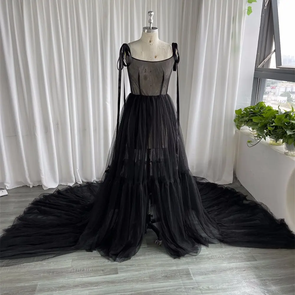 

Linda Black Split Maternity Robes Women Babyshower Tulle Bathrobe Dresses Photo Shoot Birthday Bridal Fluffy Party Sleepwear