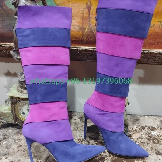 Lady colorful multiple layers design suede knee boots pointed toe stiletto heel knee boots punk sexy colorful design new arrive