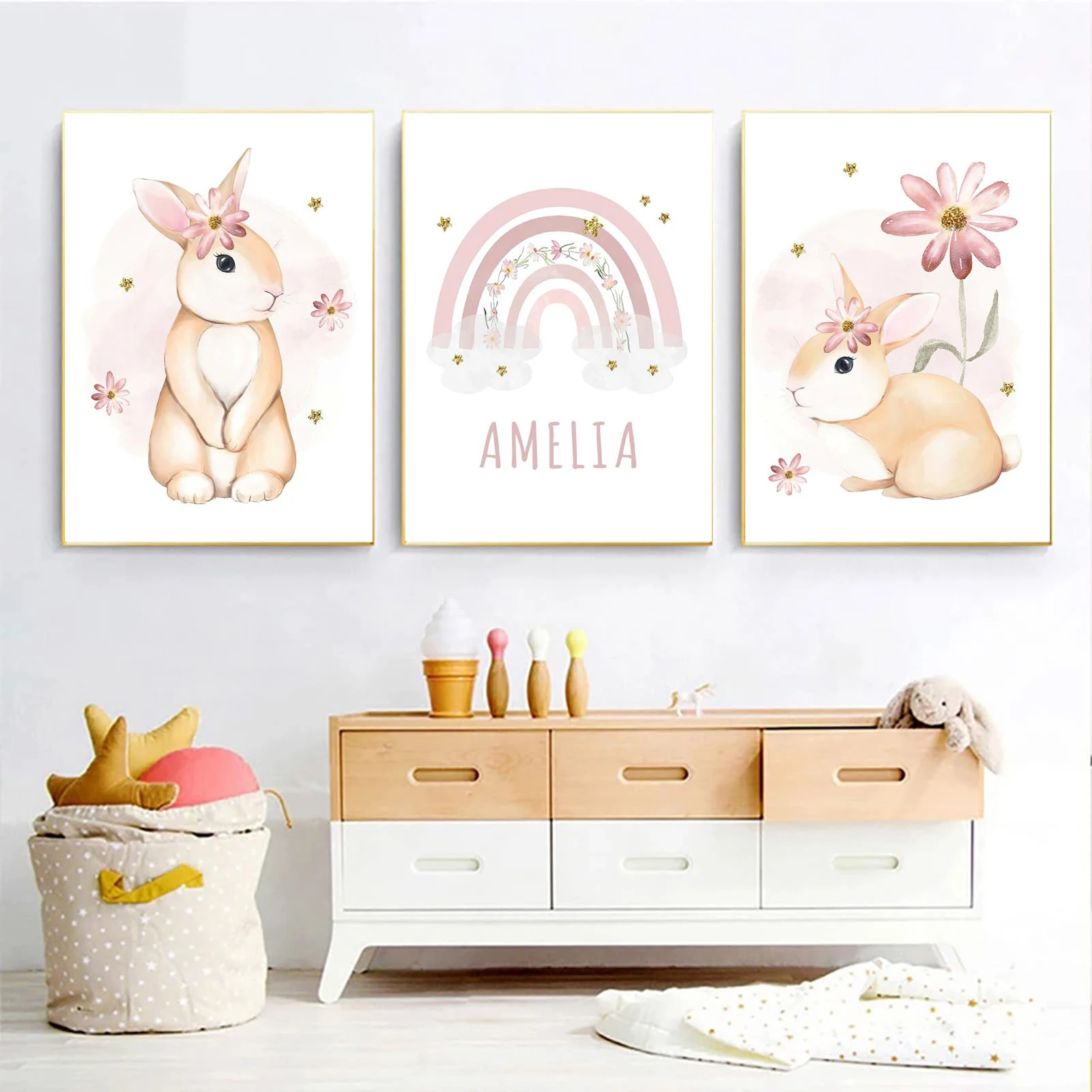 3pcs/set Cute Watercolor Rabbit Rainbow Flowers Nursery Wall Art Canvas Painting Cartoon Posters Baby Kids Room Decor