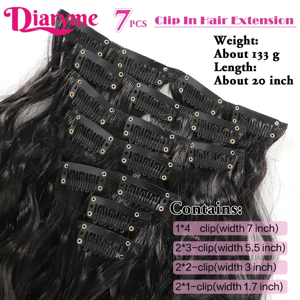 Extensiones de Cabello sintético con Clip para mujer, pelo postizo largo y ondulado, peluca Natural, color negro, 7 unidades por Set