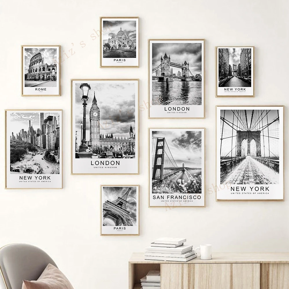 Винтажный постер для путешествий черно-белый, Бруклинский мост, Эйфелева башня, храм сердца, колозеум, Золотой горный мост, принт