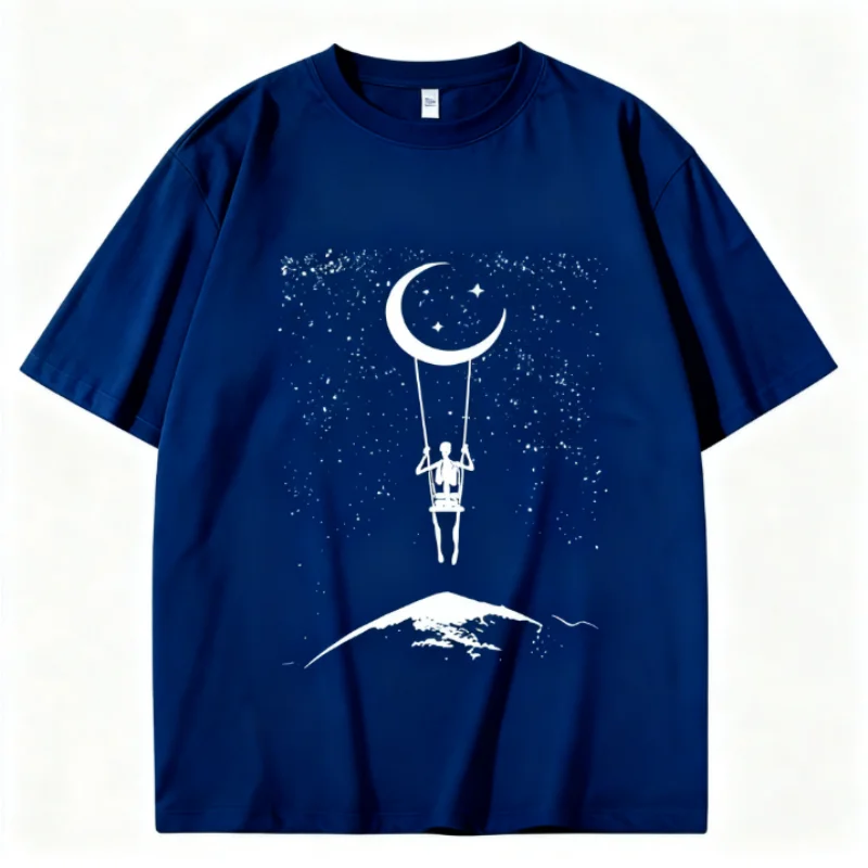 T-shirt manches courtes unisexe, 100% coton, imprimé Swing céleste, surdimensionné, motif créatif de lune et d'étoile, usage quotidien, tendance