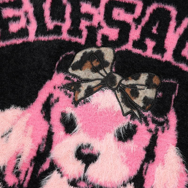 ELFSACK женский пуловер с длинными рукавами, свободный крой, круглый вырез, Y2K, бант с принтом собаки, сладкий, консервативный, повседневный, милый, крутой, вязаный