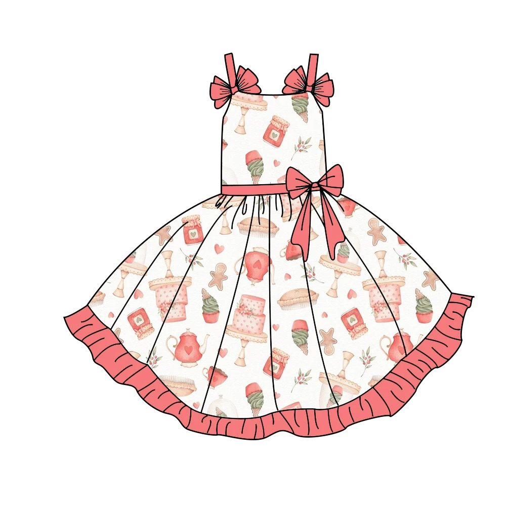 Boutique Girls' dress Strappy Sundress featuring Ruffles Bow Accents and Cake & Sweets Print Casual Everyday Wear Toddlers