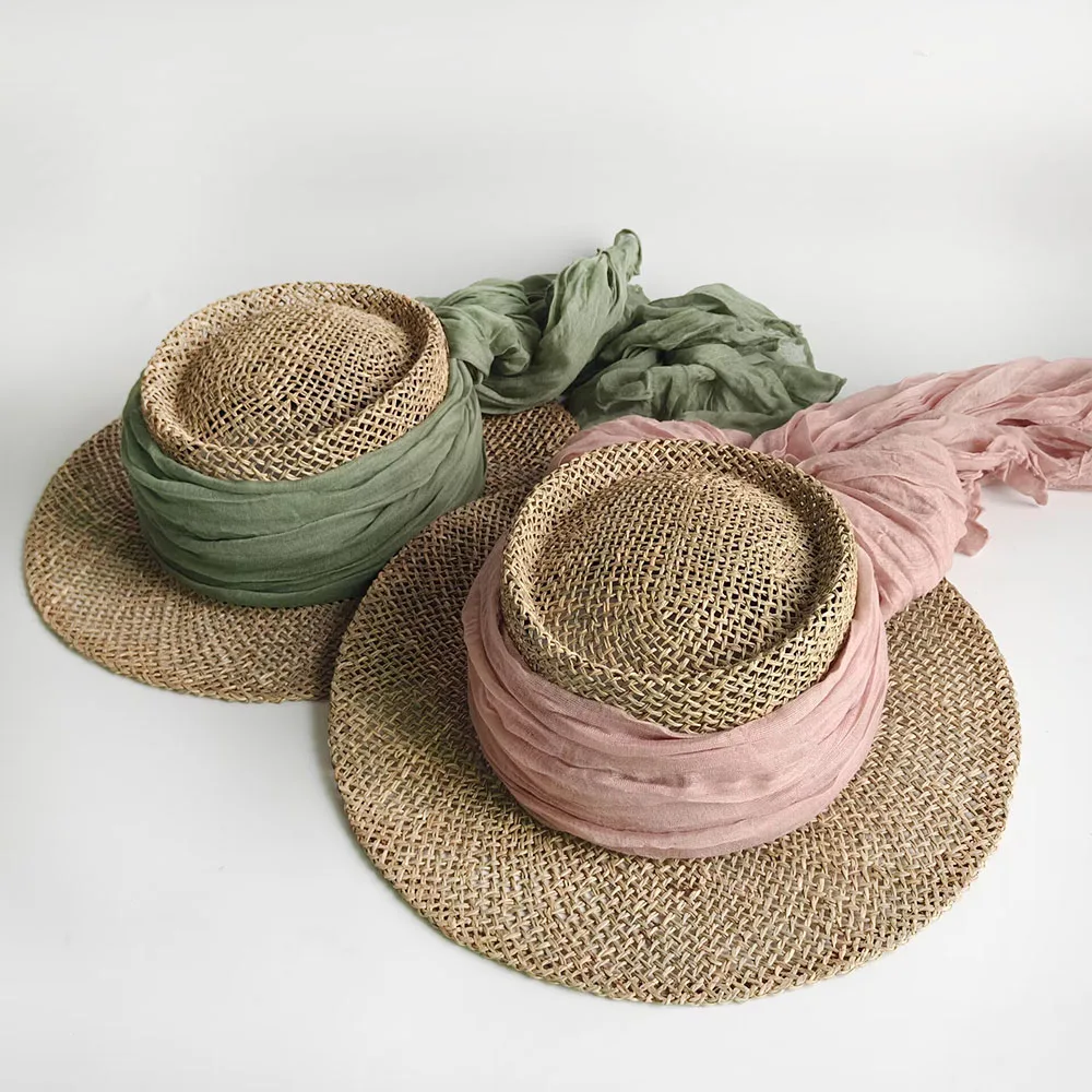 Women Summer Wide Brim Straw Sun Hat Luxury Lace Mesh Ribbon Bowknot Beach Bucket Hat straw Fedora Panama Hat Outdoor UV Protect
