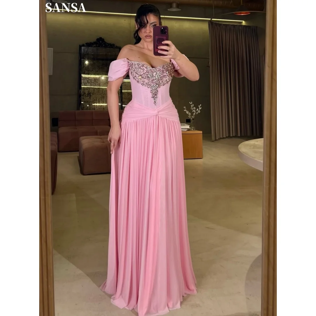 Sansa Customized Light Pink Formal Dress With Off Shoulder Puff Sleeves Crystal Embellished Corset And Floor Length Prom Dress