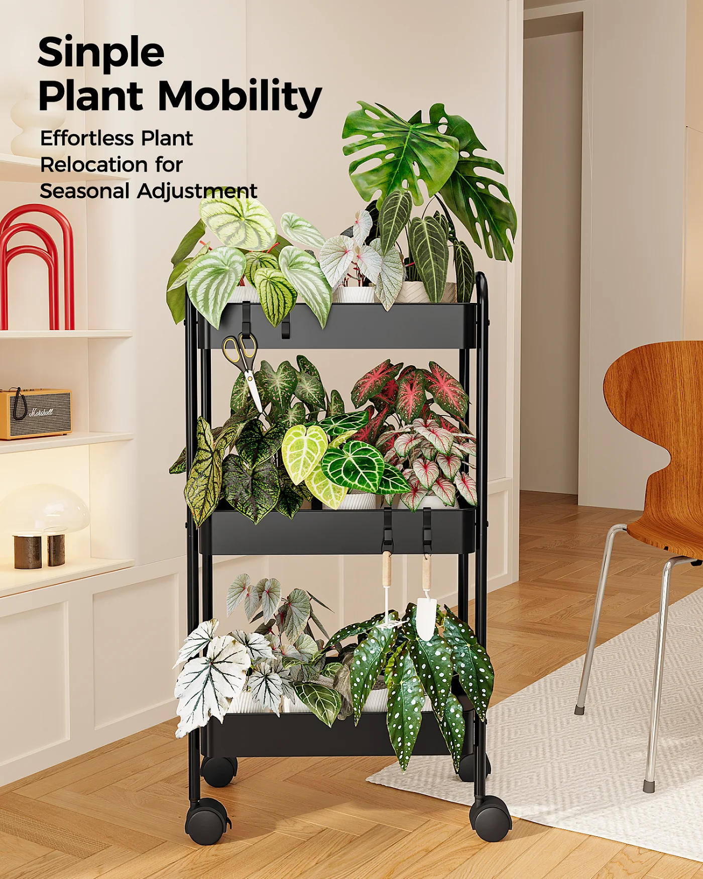 حامل نباتي من 3 طبقات سوداء من Bamworld مع عجلات عربة دوارة معدنية شديدة التحمل رف داخلي وخارجي لغرفة المعيشة وحديقة الشرفة