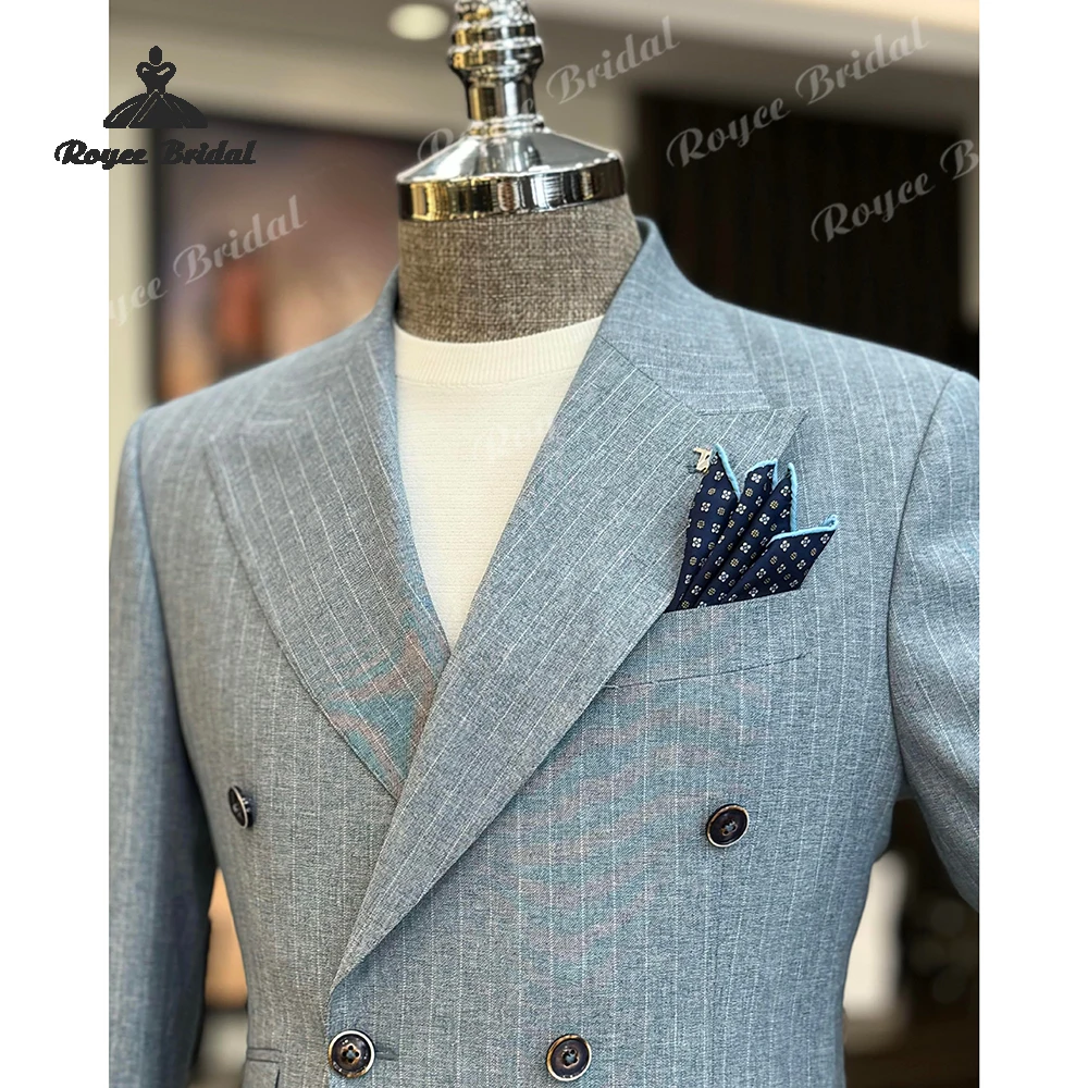 رمادي فاتح مخطط قطعتين الذروة التلبيب بدلة رجالية الزفاف 2026 مزدوجة الصدر بدلة عمل مخصصة trajes الفقرة hombre #2