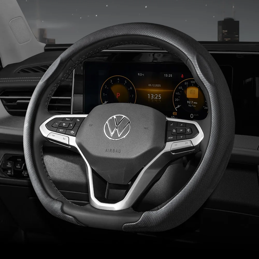 Suitable for Volkswagen Nappa Leather Car Steering Wheel Cover, Ultra-Thin, Non-Slip, Sweat-Absorbent, Breathable, with Holes for Tiguan Golf T-Roc Polo Passat Jetta Id.3 Id.4 Atlas Teramont Taos T-Cross Taigo Touran