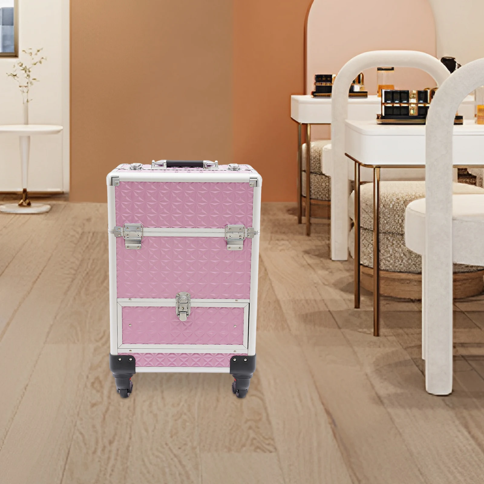 Rolling Makeup Manicure Storage Case, Makeup Trolley Rolling W/4 Universal Wheels Professional Aluminum Cosmetic Trolley Cases W/lock for Studio or Travelling