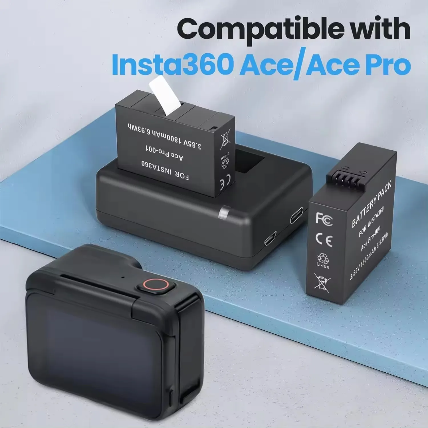 Camera battery 2 packs 1800mAh with dual fast charging hub suitable for Insta360 Ace Pro batteries