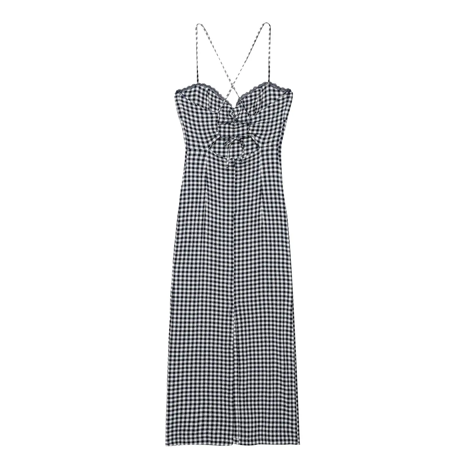 Women Gingham Midi Dress Lace Trim Corset Slip Dresses Elegant Cross Back Plaid Bodycon Vestidos French Vintage Summer Outfits
