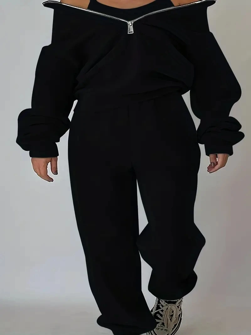 Winter Women Casual Matching Two-Piece Set Zip Up Sweaters Solid Colar Sweatpants Outfits Women Two Pieces Matching Suits