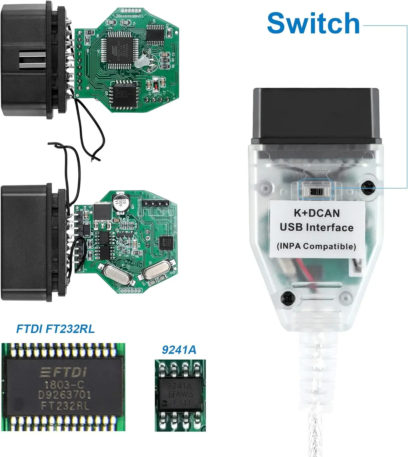INPA BMW K+DCAN with switch OBD2 USB diagnostic interface for BMW series K+CAN K-Line Automotive Connector Code Diagnostic Tool