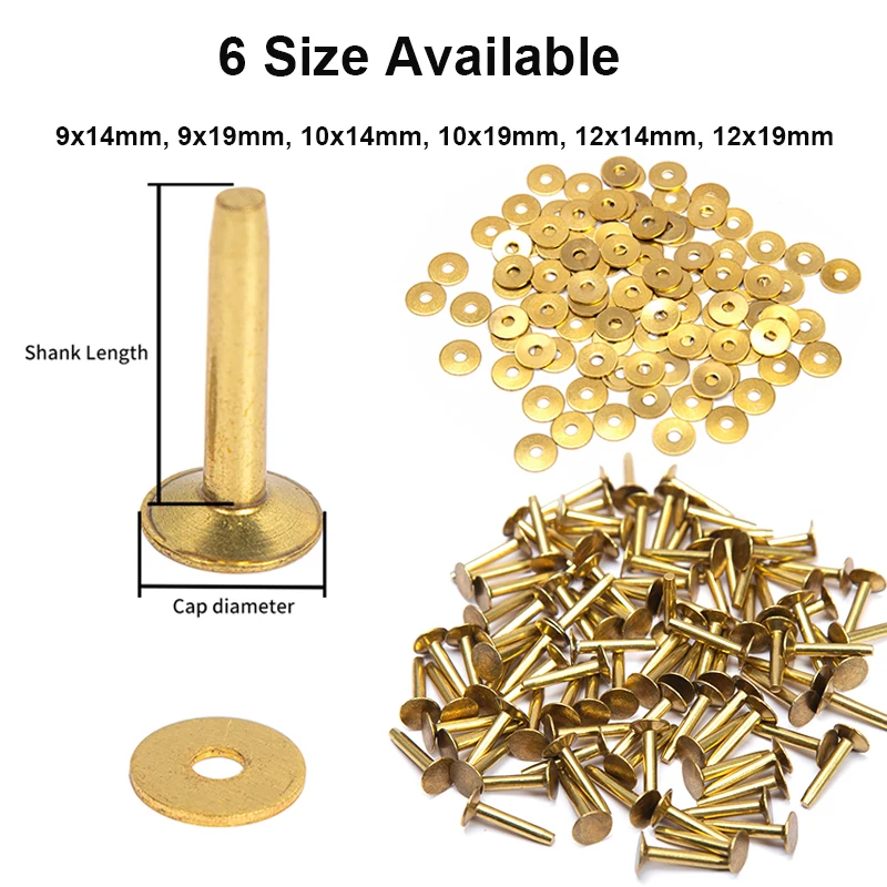 WUTA 50/100 Set Solid Brass Rivets With Burrs,Copper Rivets Studs Permanent Tack Fasteners Leather Craft,Belts,Halters,Bridle